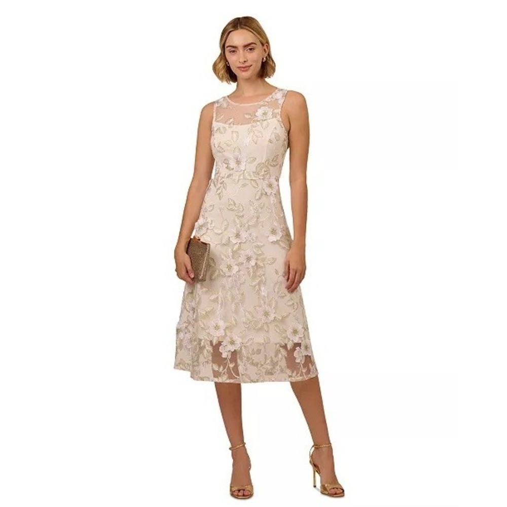 NWT Adrianna Papell Womens Floral Embroidery Illusion Midi Dress 14 $199